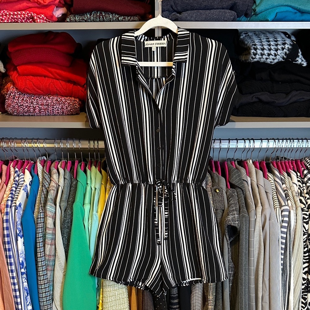 Almost Famous black/white striped cap sleeve front button closure romper size S
